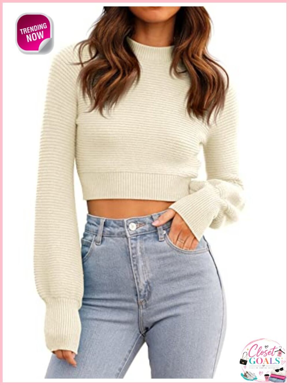 Ribbed Knit Cropped Sweater Crew Neck Puff Sleeve Pullover